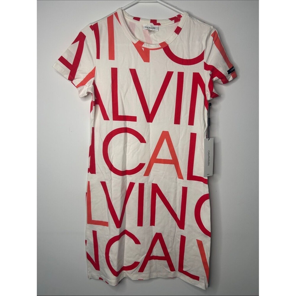 Calvin Klein White Tee Dress with Bold Red Logo